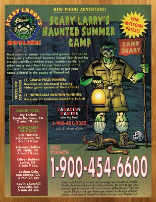 1997 Scary Larry's Haunted Summer Camp Print Ad/Poster Hotline Phone Game  Art
