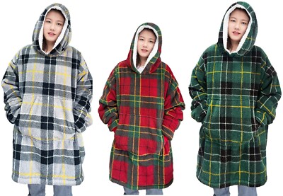 WEICHES WARMES RIESIGES SHERPA PLÜSCH TEDDY SWEATSHIRT FELL OVERSIZED KARIERT HOODIE REVERSE