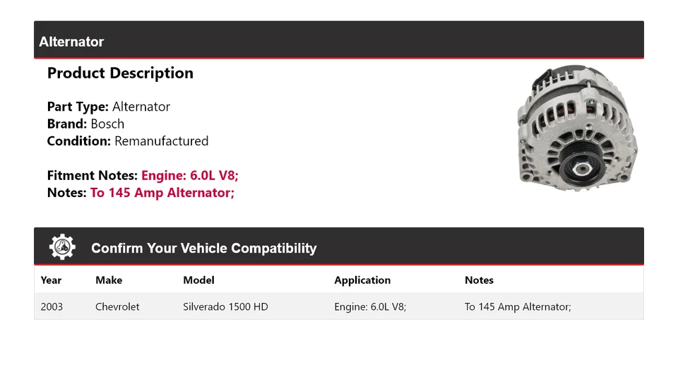 Alternador Bosch (Remanufaturado) para 2003 Chevrolet Silverado 1500 HD 6.0L V8 - Imagem 2 de 4