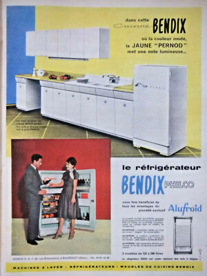 PRESSEWERBUNG 1959 DER KÜHLSCHRANK BENDIX PHILCO ALUFROID - GELB PERNOD