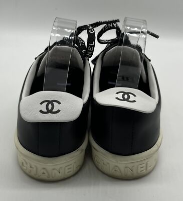 Chanel Black Leather Logo Lace-Up CC-Heel Flap Sneaker sz