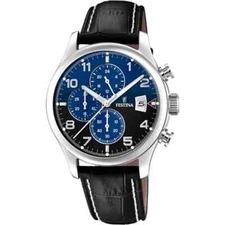 Festina F203757 Mens Black Leather Straps Chronograph Dial Quartz Wristwatch