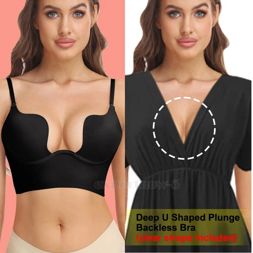 Ultra Deep U Plunge Push up V Bra 3 Way Straps Convertible Padded Cleavage Top - Picture 1 of 34