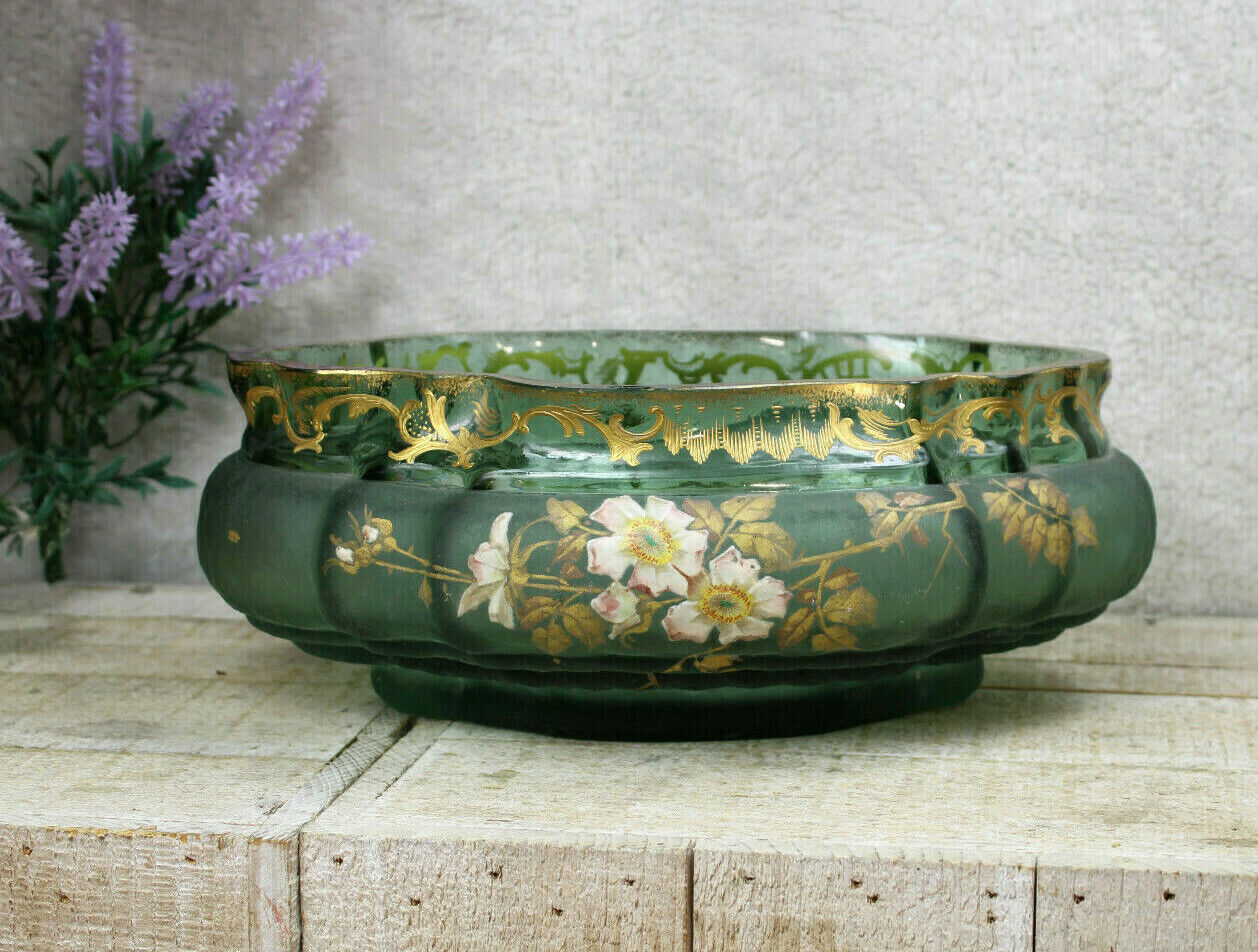 Antique art nouveau 1900s LEGRAS Montjoye glass enamel floral planter vase  