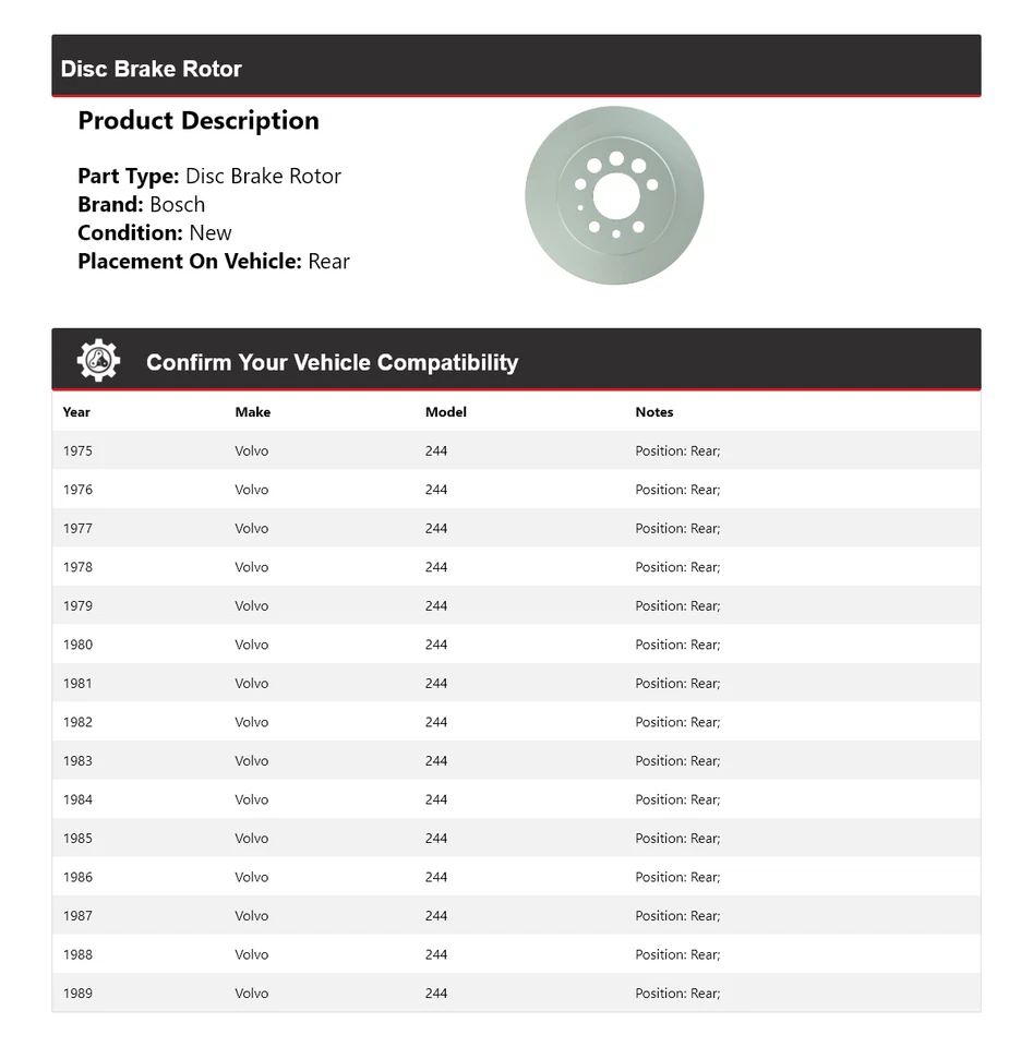 Para 1975-1989 Volvo 244 Bosch QuietCast rotor de freio a disco traseiro 1976 1977 1978 - Imagem 2 de 4