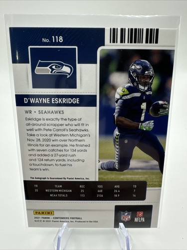 2021 Contenders Dwayne Eskridge Playoff Ticket Rookie Auto Holo /99 Seahawk #118 - Picture 2 of 3