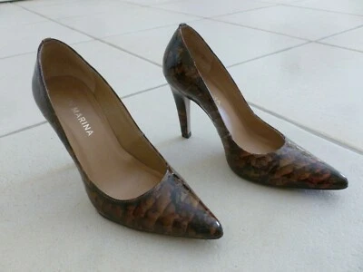 SUPERBES ESCARPINS SAN MARINA CUIR FACON CROCO MARBRE VERNI T. 37 - Photo 1/4