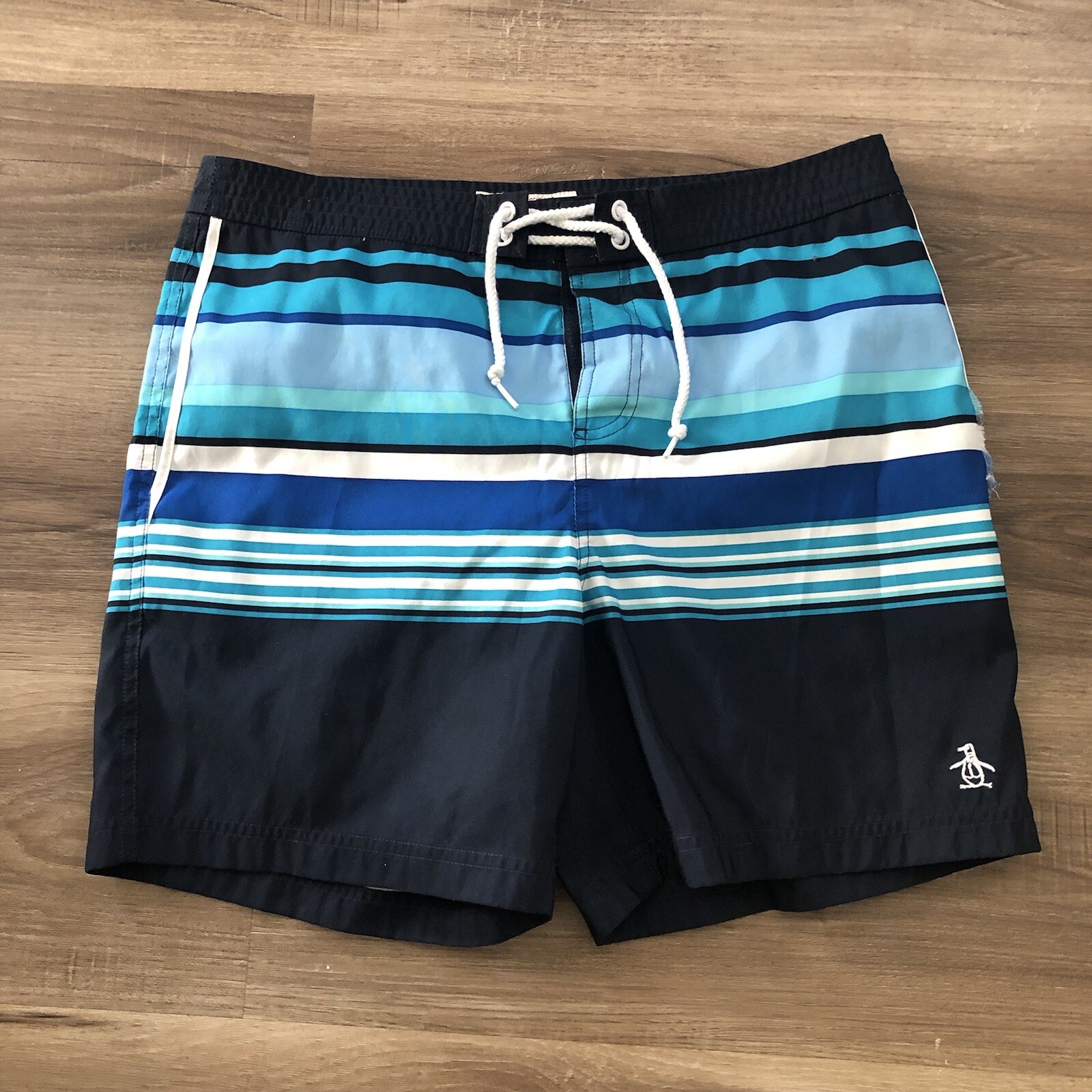 Original Penguin Blue Stripe Swim Trunks Men Size 33