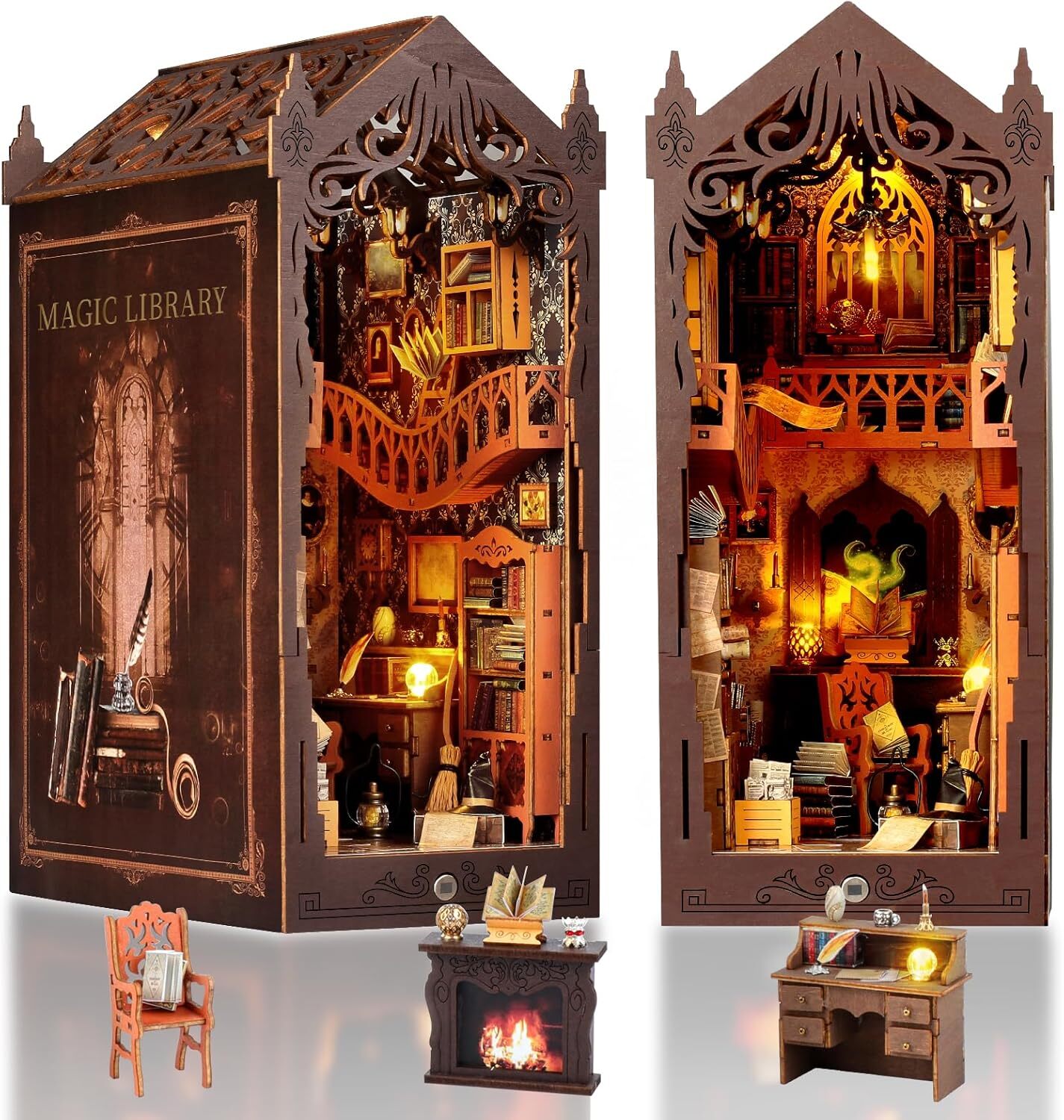 FASTSPOK DIY Book Nook Kit: 3D Wooden Puzzle Shelf Insert with LED Light -...