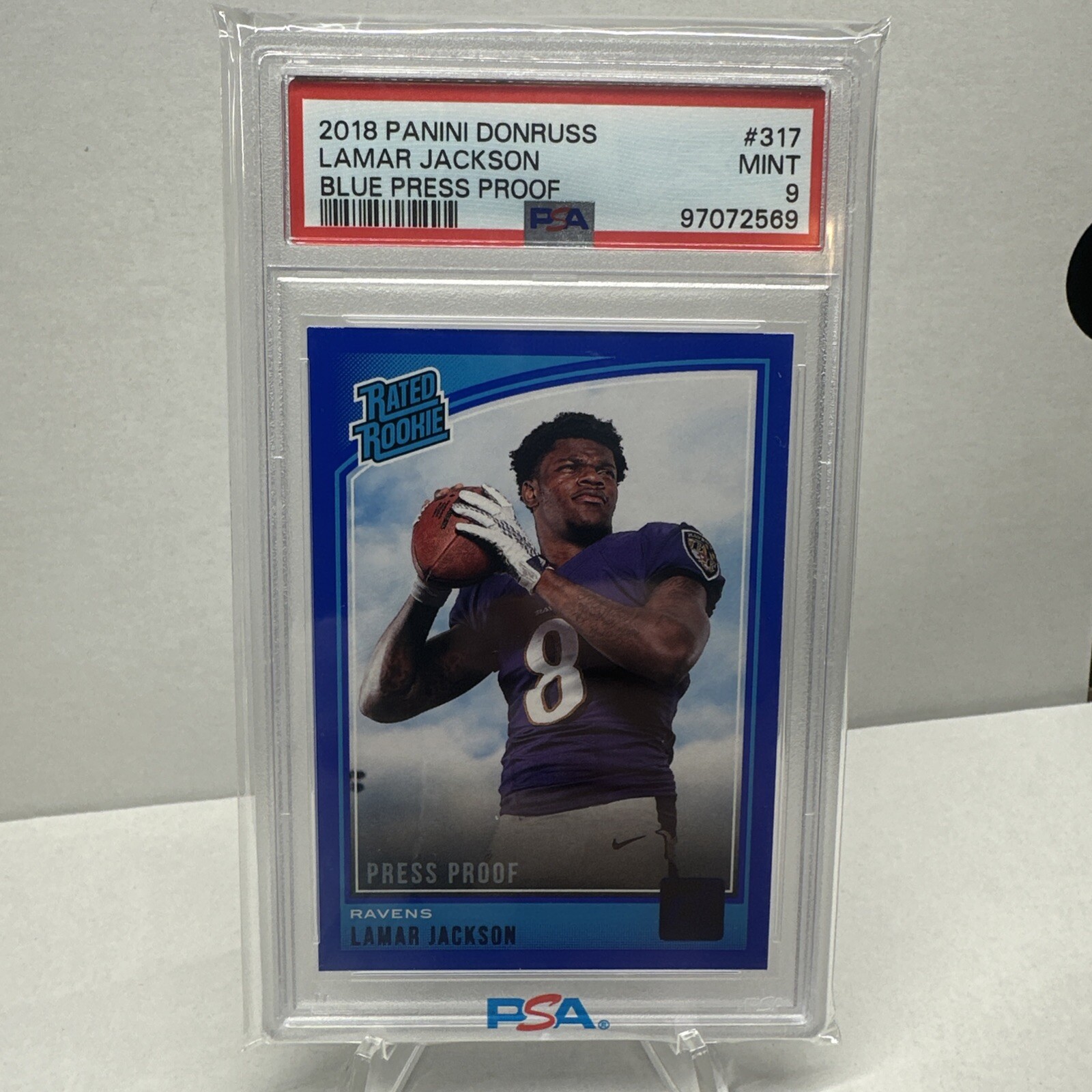 LAMAR JACKSON🔥 2018 Donruss BLUE Press Proof RATED ROOKIE Ravens PSA 9
