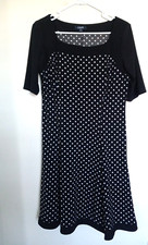 Chaps Womens Dress Large Elbow Sleeve Black White Polka Dot Stretchy
