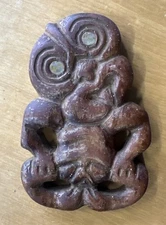 Maori New Zealand Hei Tiki Wood Carved Figure Wall Decor Paua Shell Eye 7.5"