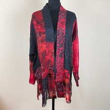 Chico's Kimono Jacket 2 Sheer Red Silk Rayon Embroidered Boho Glam Asian READ