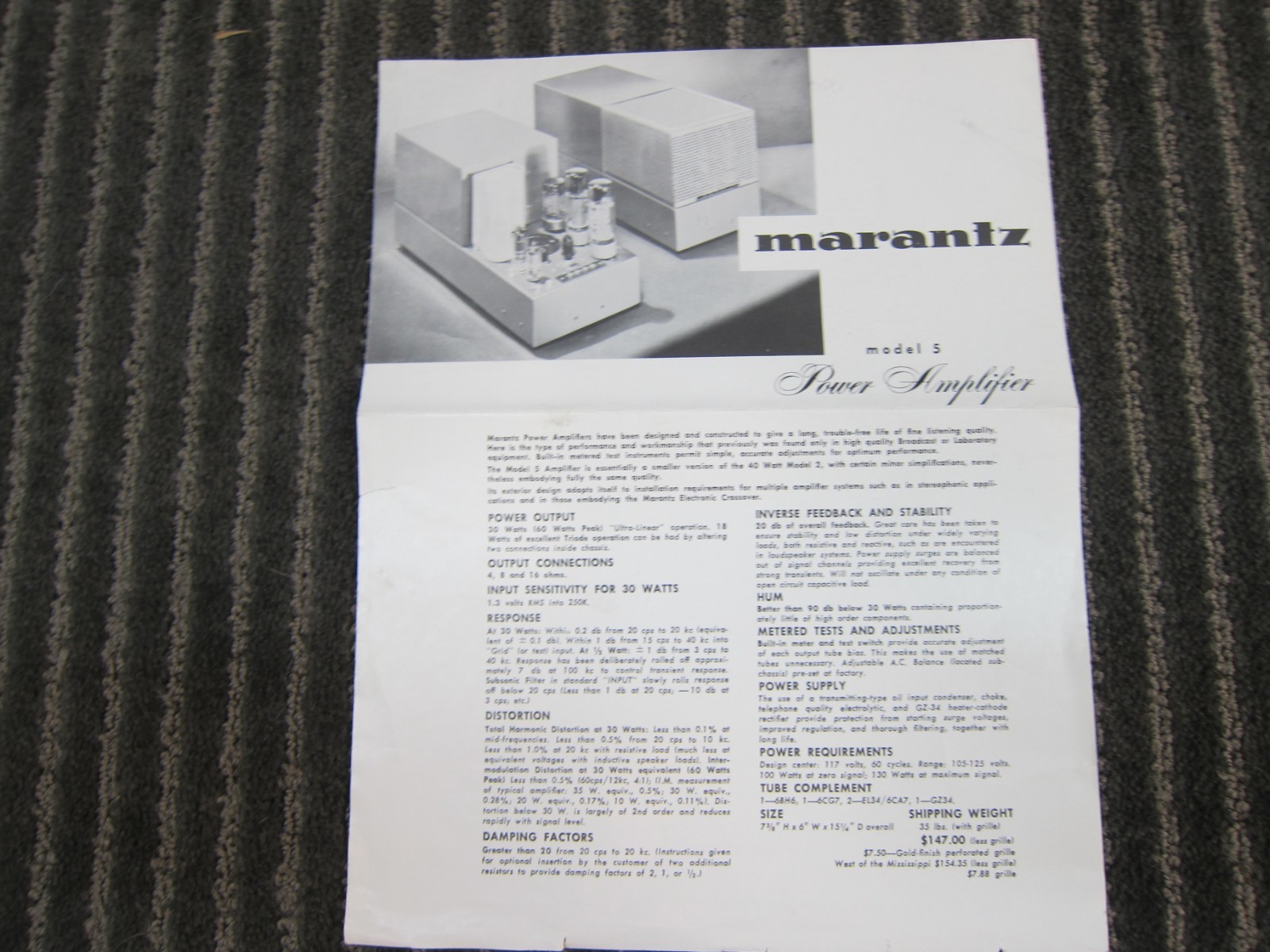 Original Marantz Model 7 + Model 5 Sales Brochures, 2 Pages, USA, Good, Vintage