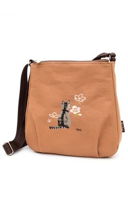 Kashibuzome Persimmon Dyed Canvas Shoulder Bag Cat Embroidery Japan