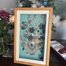 One of A Kind Beautiful Jewelry Flower Collage In A Shadowbox Frame 10X16