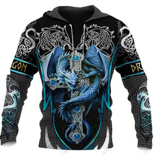 Blue Dragon Hoodie Gothic Cross 3D Fantasy Zip Up Pullover Streetwear