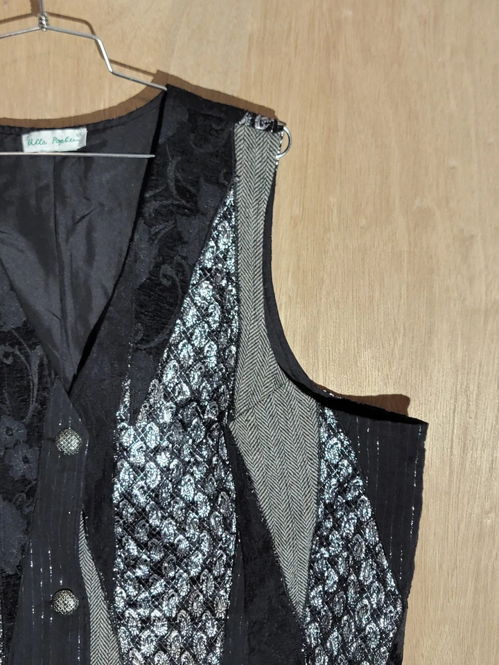 Ulla Popken Women’s Black Silver Patchwork Vest Button Front Textured 20/22 - Image 3 of 4