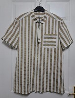 KIN By John Lewis Men's Verticle Stripe Shirt L Beige Ecru Short Sleeve BNWT 