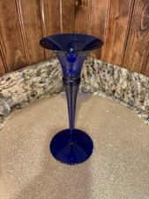 VINTAGE COBALT BLUE BEVELED GLASS CANDLE 9" HOLDER W/NARROW STEM WIDE TOP