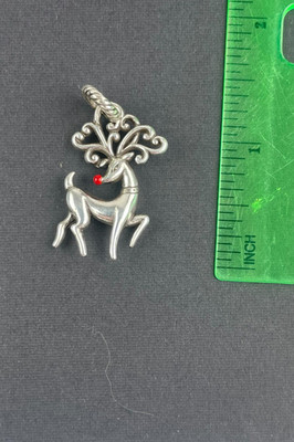 Silver Tone Reindeer Charm w/ Red Rhinestone Nose   1 1/4''   Christmas Holiday