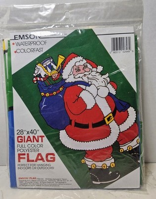 Vtg New Emson Outdoor Indoor Flag Santa Giant 28x40 Red Green Holiday Christmas