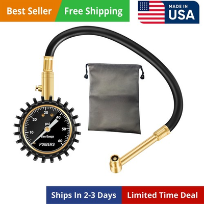 #ad Tire Pressure Gauge with Hose and Protective Rubber 60PSI Right Angle Chuck $32.39