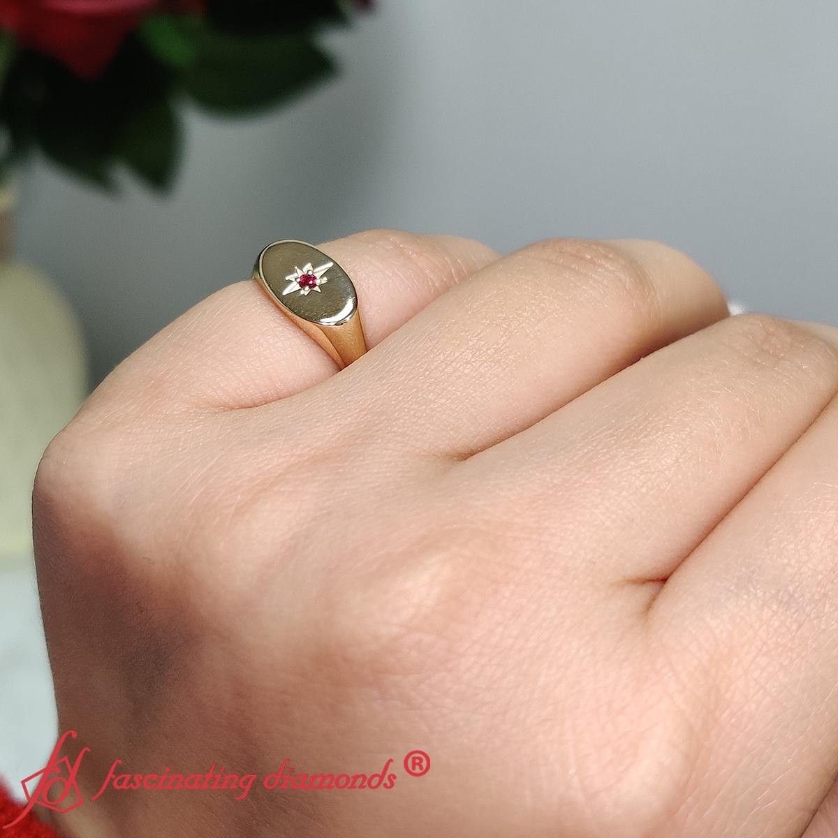 Anillo Ovalado Starburst Rubí Diamante Sello Anillo Oro Amarillo 14K Dedo Meñique Unisex
