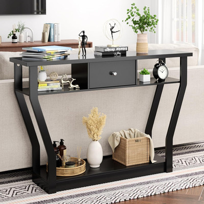 47'' Narrow Console Table with Drawer, 3-Tier Wooden Entryway Accent with Open S