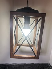 Farmhouse Pendant Light Wood Grain Metal Lantern Adjustable Ceiling Fixture