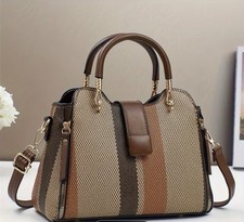 Image of Women’s khaki striped tote, multi-layer design, magnetic, removable strap