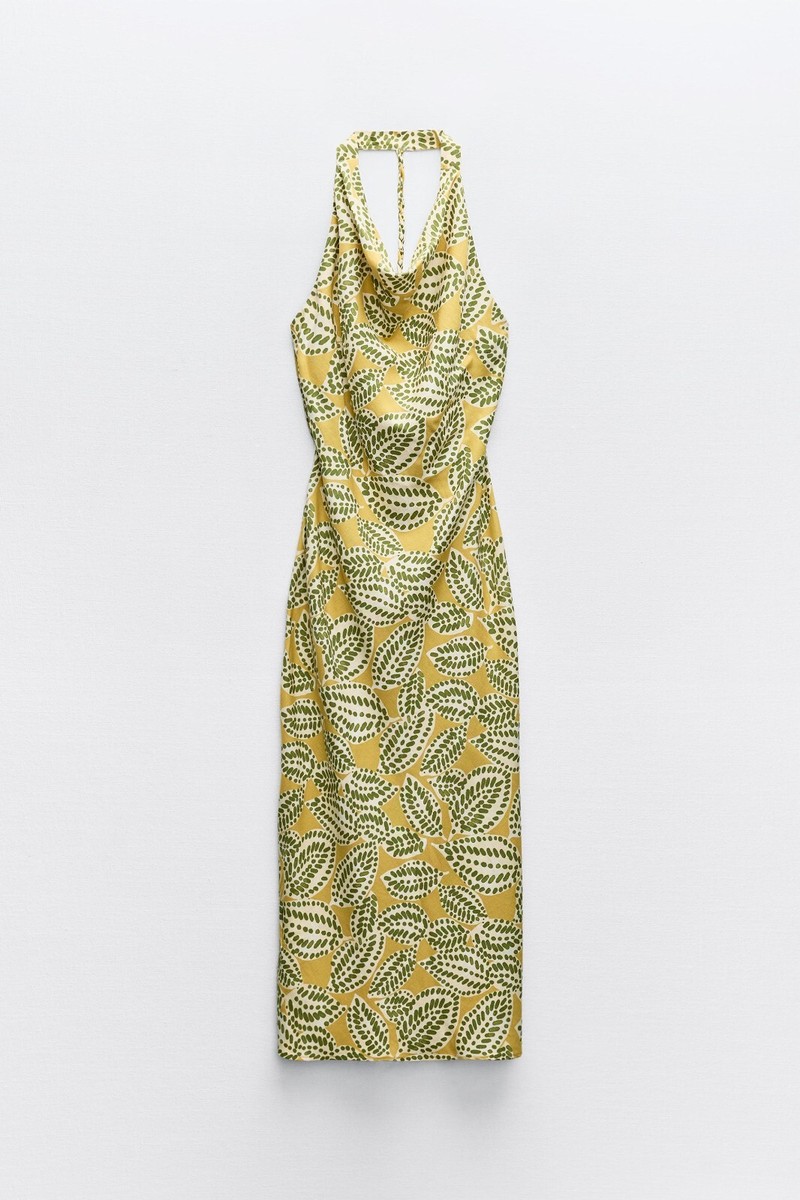 Zara Imprime Dos Nu Robe Midi Jaune Vert Tropical Feuille Imprimé