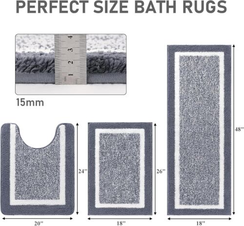 Bathroom Rug Mat Set 3 Piece Microfiber Shaggy Bath Set Non-Slip Soft Dark Grey