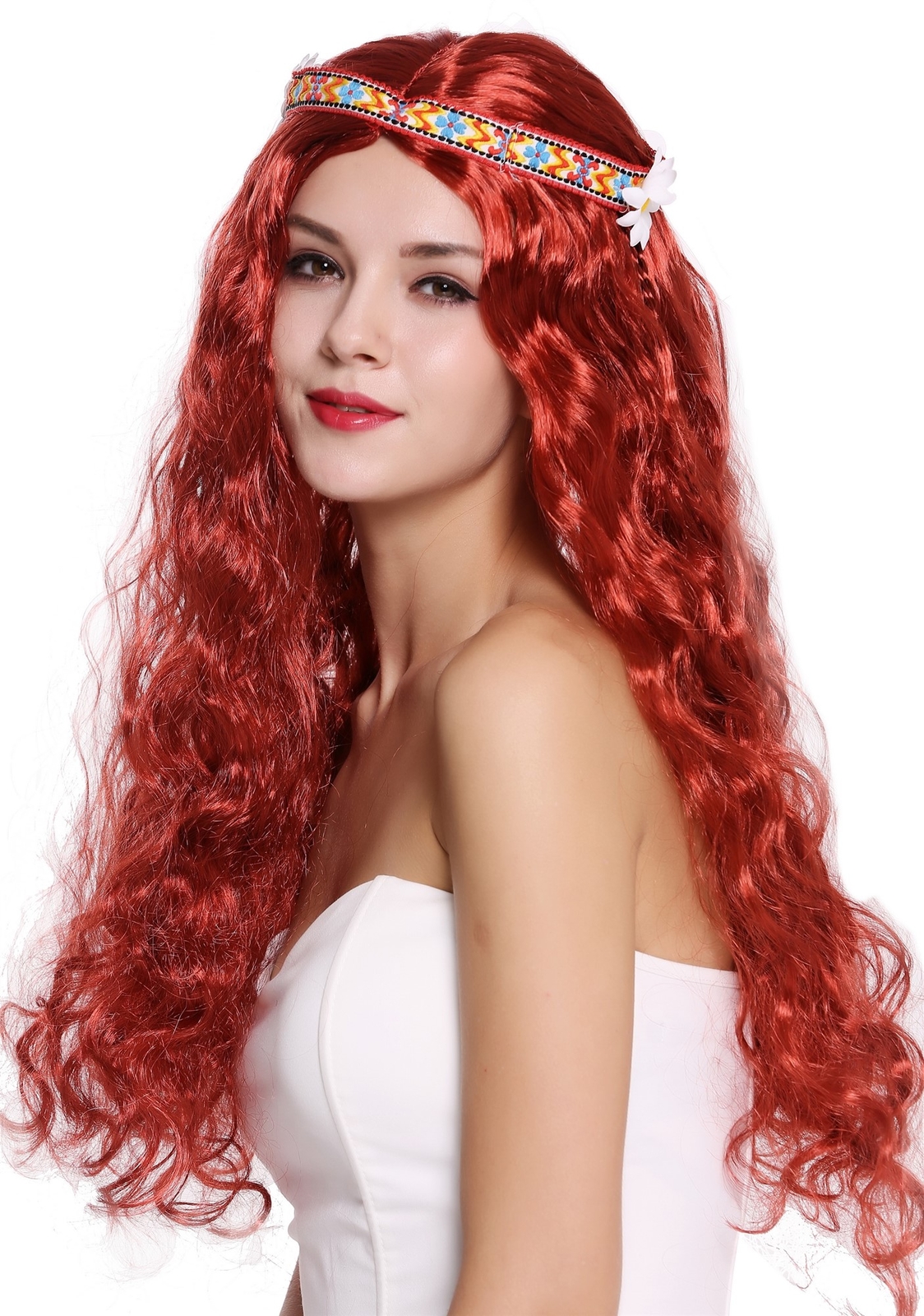 Peluca Niña Flor Hippie 60er 70er Largo Rojo Ondulado Raya en Medio Cinta