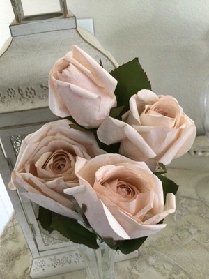 Handmade BLUSH PAPER ROSES Bouquet Full Rose Rose Bud Cottage Chic Hand Stained