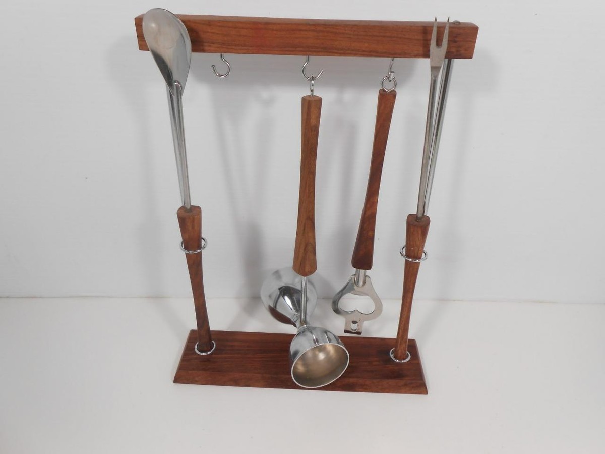 Mid Century Barware Stainless Steel Rosewood 4-Utensil Bar