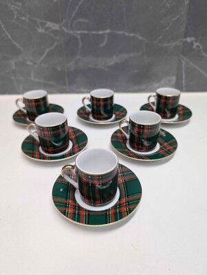 6er Set Tassen und Untertassen mit Schottenmuster L.T.R. Feines Porzellan Japan Vintage