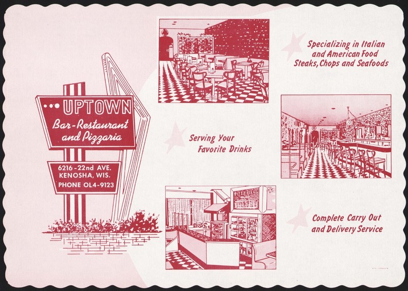 Vintage placemat UPTOWN Bar Restaurant and Pizzaria sign pic Kenosha Wisconsin