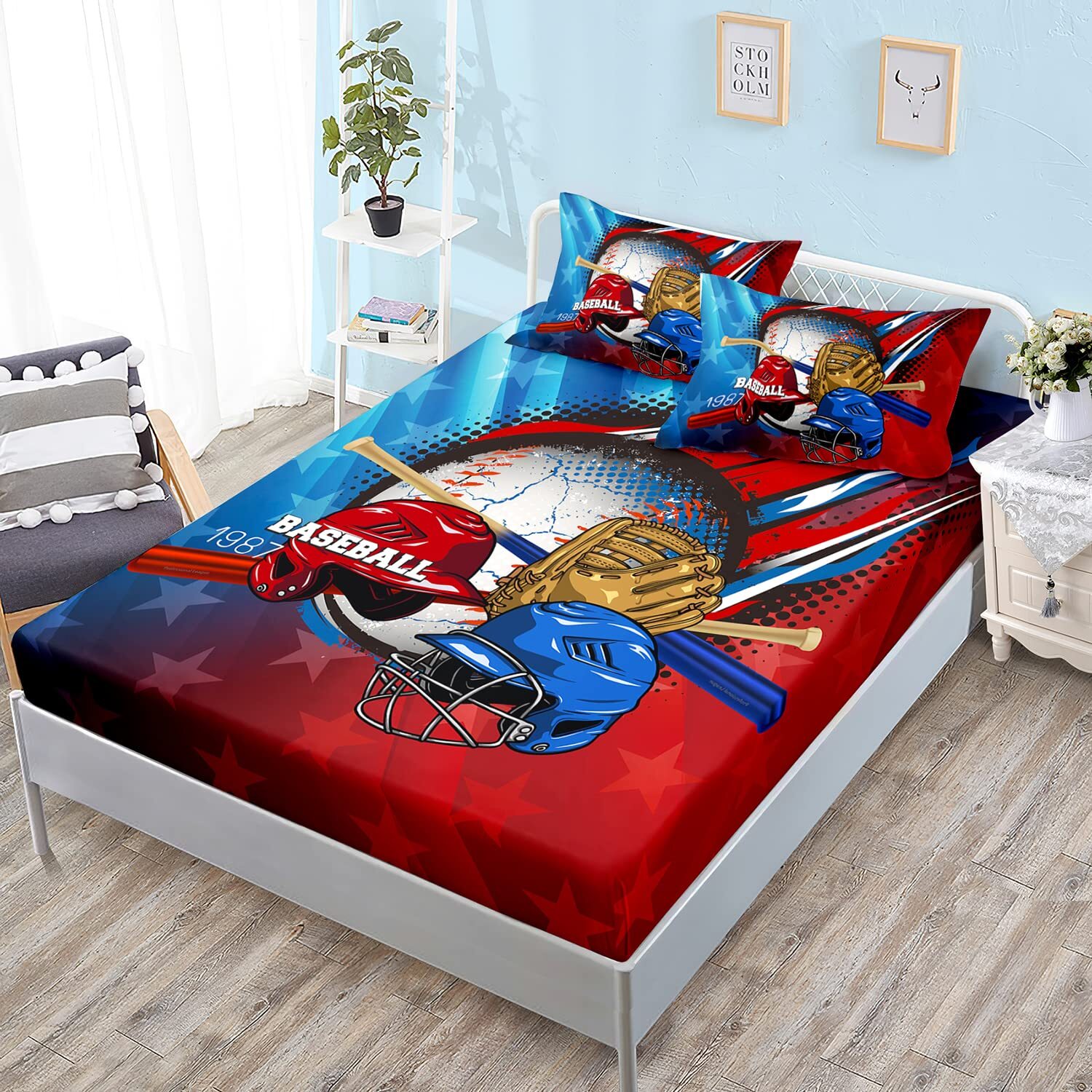 Baseball Bedding Set for Boys Teens,Red and Blue Baseball Helmet Pattern Fitt...