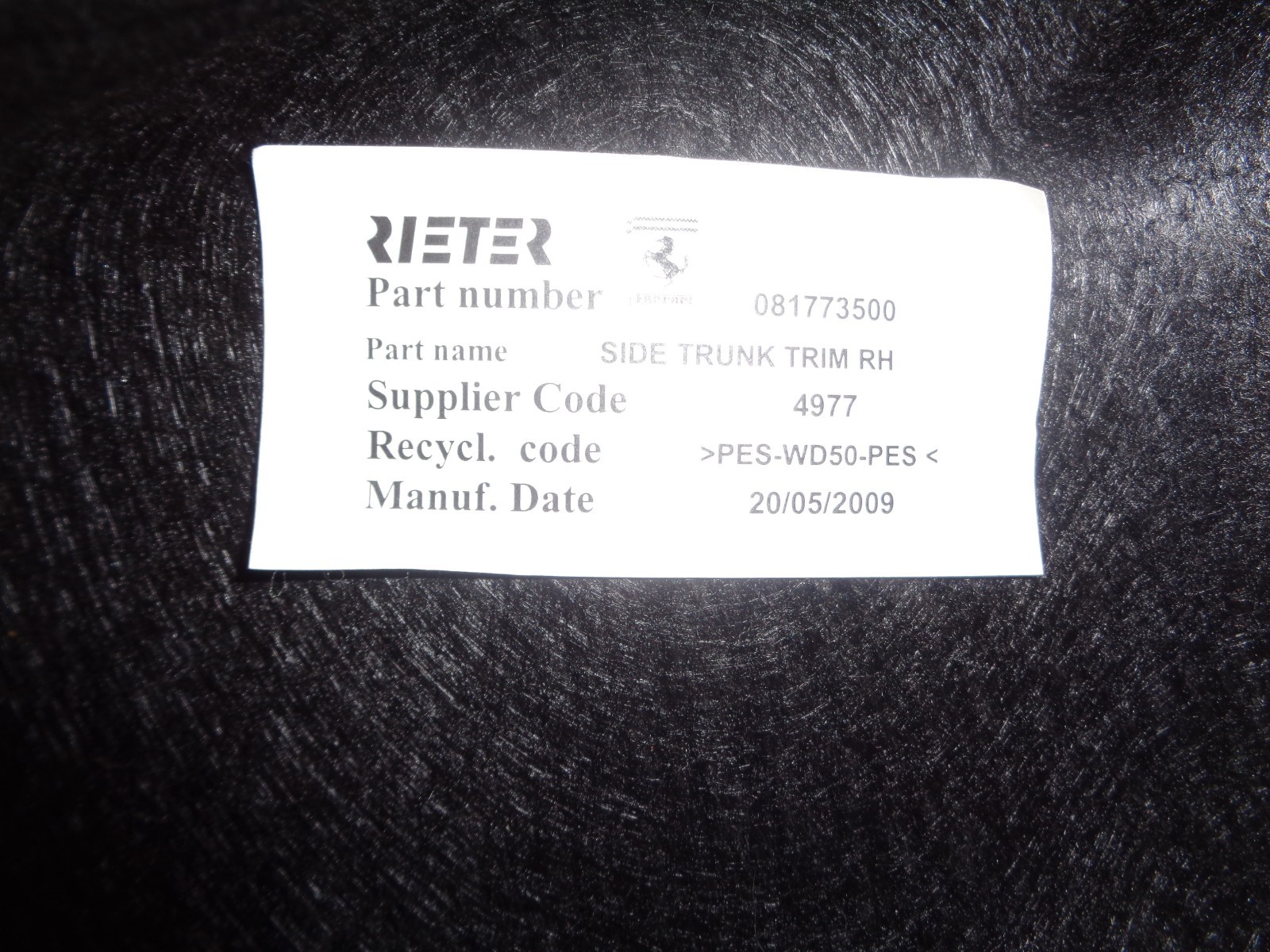 Ferrari California. RH Side Trunk Trim...Part# 81773500