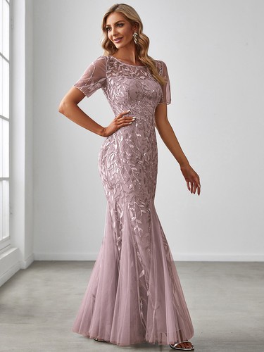 Abito da ballo donna paillettes floreali maxi coda di pesce tulle con mezza manica - Foto 12 di 35