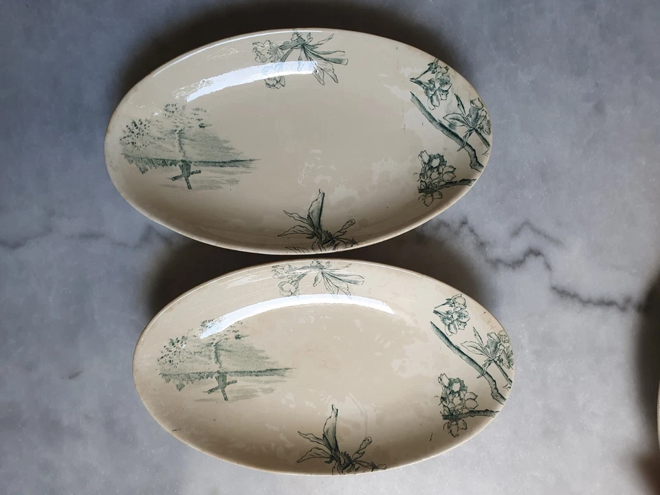 Faïence Creil Montereau Terre de Fer XIX è Sauciere + 2 Raviers Service Cerisier - Photo 2/4