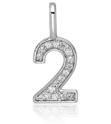 14K massives Weißgold 0,07 ct Diamant kleine Zahl 2 Anhänger Halskette 15,21 mm