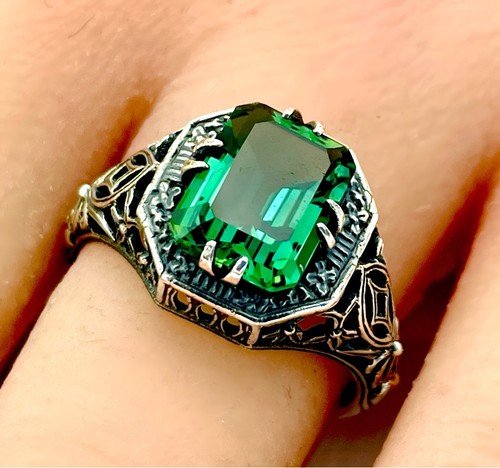 ANILLO FILIGRANA ESMERALDA SIMULADA PLATA ESTERLINA 925 DISEÑO VINTAGE 1352 - Imagen 2 de 3