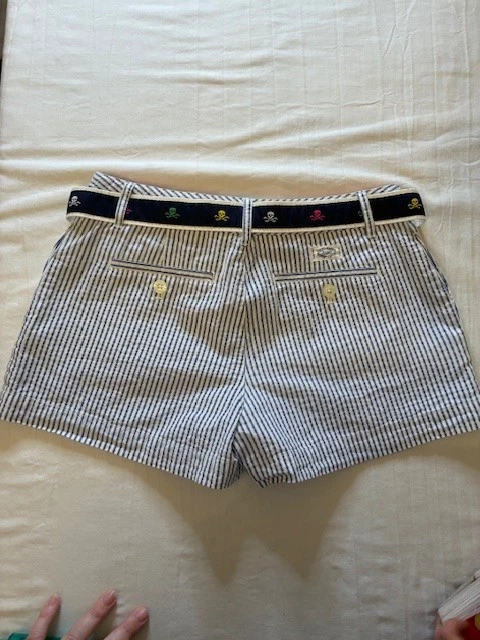 Pantalones Cortos Polo Ralph Lauren Niñas 14 Azul Blanco Rayas Seersucker Con Cinturón Calavera Foto 2 de 4