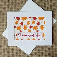 Completed Finished Cross Stitch Thinking of You Autumn Leaves Blank Note Card