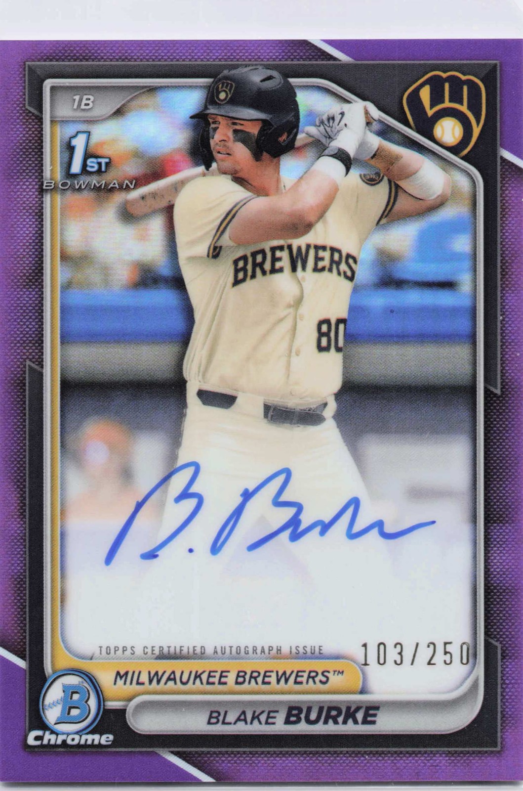 Blake Burke 2024 Bowman Draft #CPA-BB Chrome Purple Refractor #/250 Auto