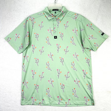Bad Birdie Men's Large L Green Cactus Print Golf Polo Shirt Performance Stretch