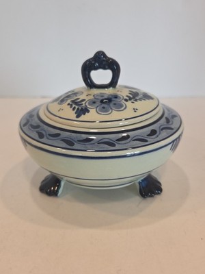 Delft Blue Trinket Dish With Handled Lid And Three Feet Floral Perfect 4 Inch D
