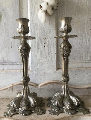 Vintage Ornate Silver Eclectic  Set Of Two Candle Holders Victorian Rococo Style